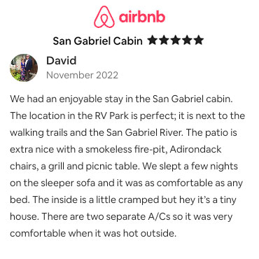 San Gabriel Cabin comfortable and not hot, nice patio and smokeless fire pit